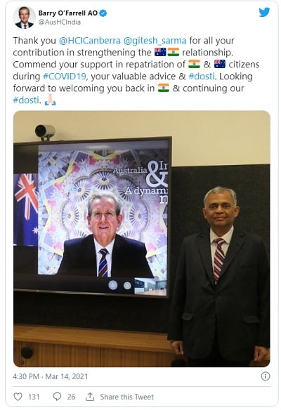  Australia’s High Commissioner to India Barry O'Farrell also bid farewell to the departing High Commissioner in a tweet.