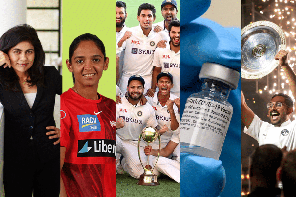 (Left to right) NSW Australian of the Year Prof. Veena Sahajwalla, WBBL Player of the Tournament Harmanpreet Kaur, Indian Men's cricket team, Pfizer vaccine, and Masterchef Justin Narayan. (Images are freely sourced, collage created on Canva).