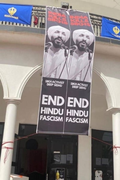 Khalistan flags and Deep Sidhu poster displayed at the gurudwara were taken down soon after. (Image supplied)