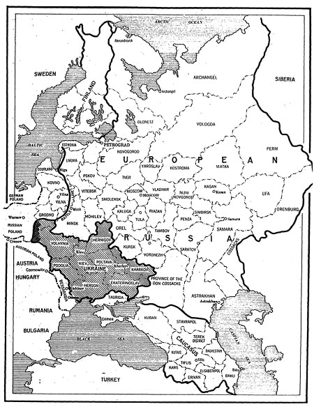 This map, published in the New York Times in February 1918 shows the boundaries of the Ukrainian People’s Republic, which existed from 1917-1920. (Source: Wikimedia Commons)