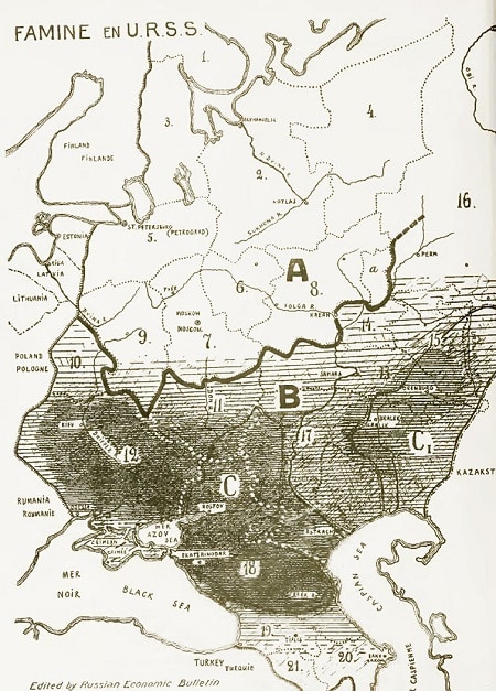 This map shows the areas of the Soviet famine of 1932–1933, with the worst affected areas in black. Ukraine is marked by the ‘12’. (Source: Wikimedia Commons)